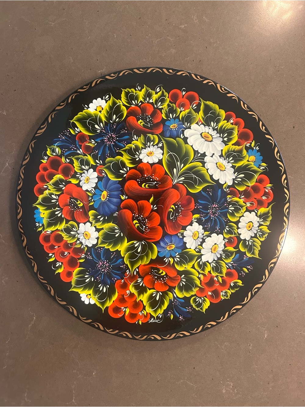 Hand-Painted Floral Wall Plate in Black with Red, Blue, White & Green